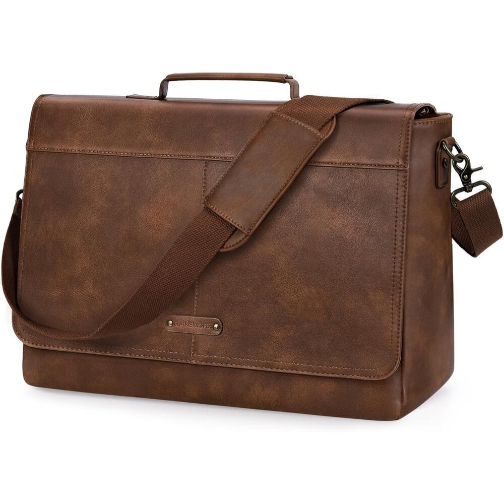 Men's Brown Pu Vintage Laptop Bag 15.6 Inch Waterproof Retro Satchel Briefcase